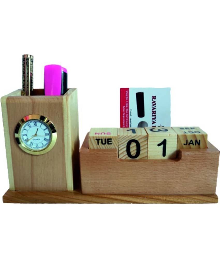 RAVARIYA GRAPHICS WOODEN PEN STAND WITH CLOCK AND CALENDER AND CARD HOLDER - Stationery | Buy online on ZillyBuy