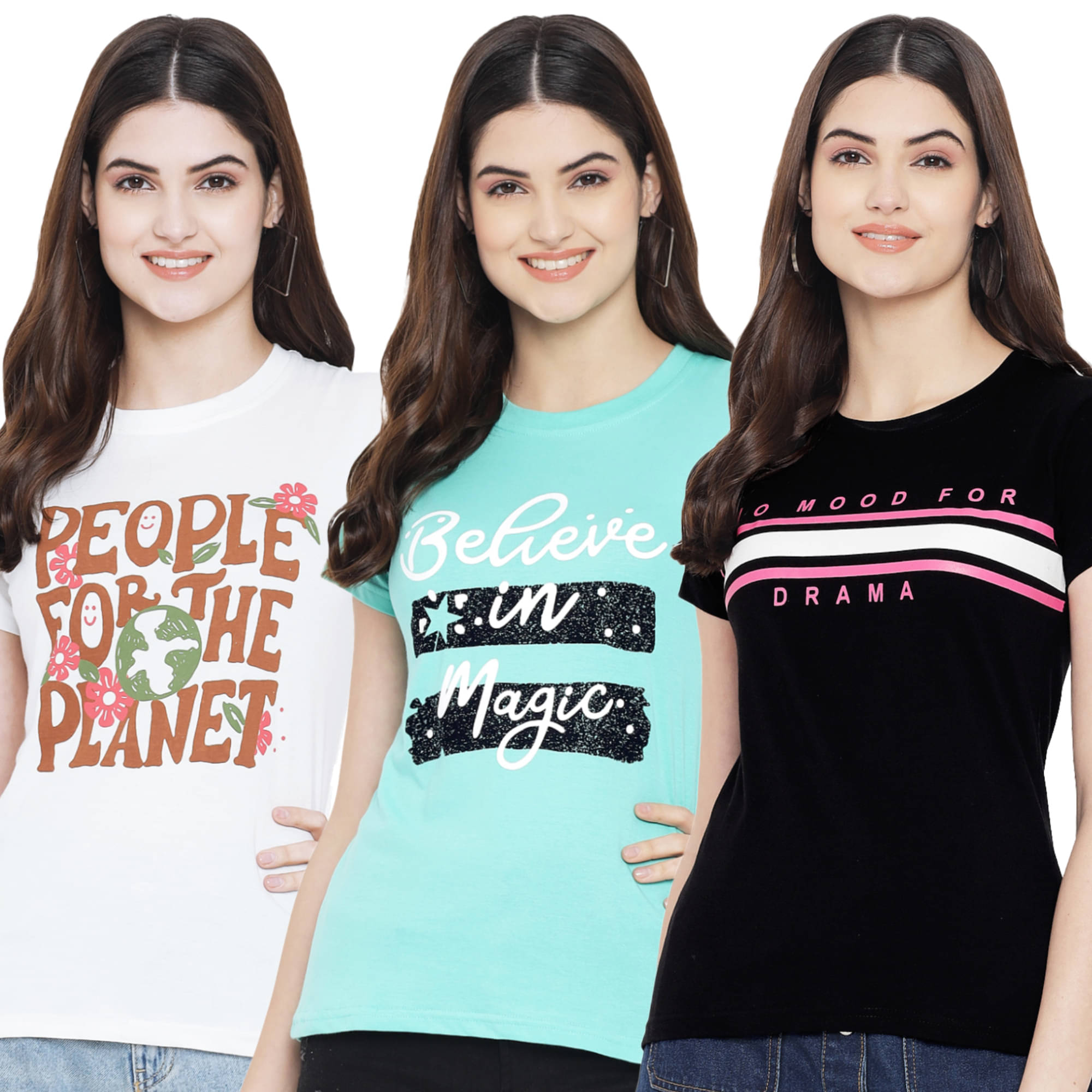     			Fabflee Women Cotton Blend Printed Regular Fit Round Neck T-Shirt ( Multi Color )