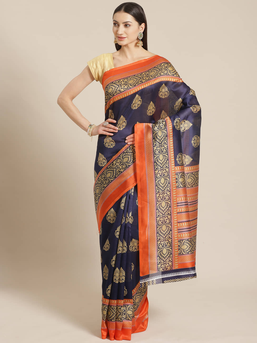 Grubstaker Art Silk Printed Saree With Unstitched Blouse Piece ( Blue ) - Sarees | Buy online on ZillyBuy