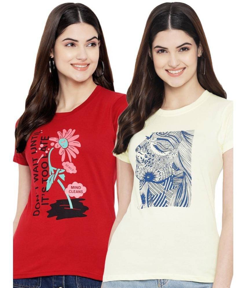     			Fabflee Women Cotton Blend Printed Regular Fit Round Neck T-Shirt ( Multi Color )