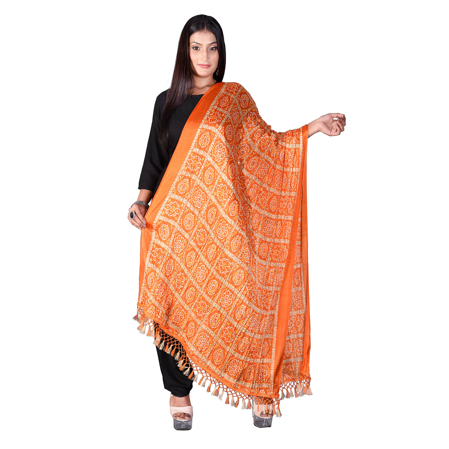     			Apratim Orange Art Silk Bandhej Dupatta - Single