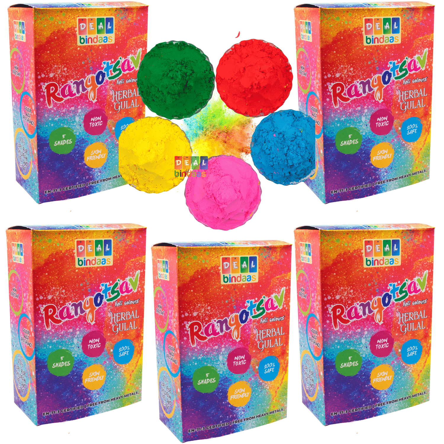 DealBindaas Holi Colour Rangotsav Herbal Gulal 1250 GMS 5 Shades | NonToxic | Eco Friendly | 100% Safe Holi Color Powder Pack of 5 = 1250gm. (25pcs X 50gm) Herbal Gulal