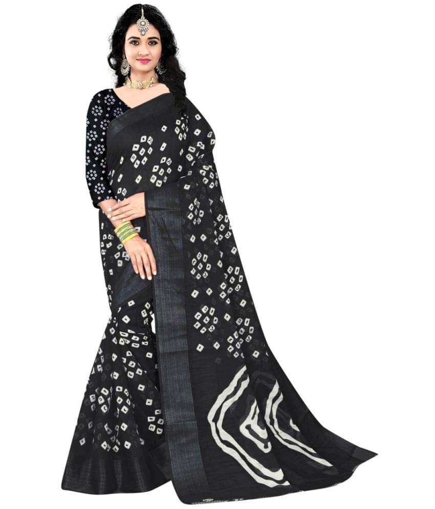     			Grubstaker Cotton Printed Saree With Unstitched Blouse Piece ( Black )