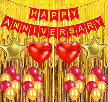     			Happy Anniversary Banner (Red) + 2 Dil (Red) + 2 Star (Golden) + 30 Metallic Balloon(Red,Gold) + 2 Fringe (Golden)