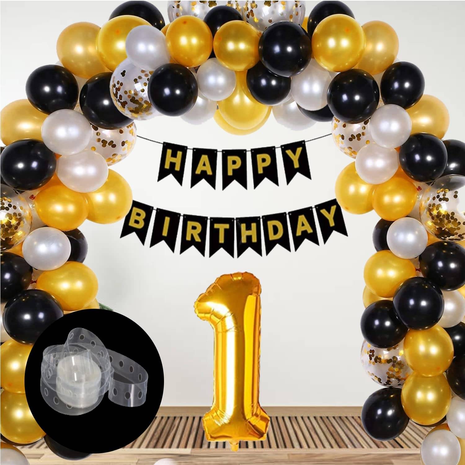     			Happy Birthday Banner (Black) + 30 Metallic Balloon (Black,Gold,Silver) + 5 Confetti Balloon(Golden) + 1 Number Foil(Golden) + 1Arch