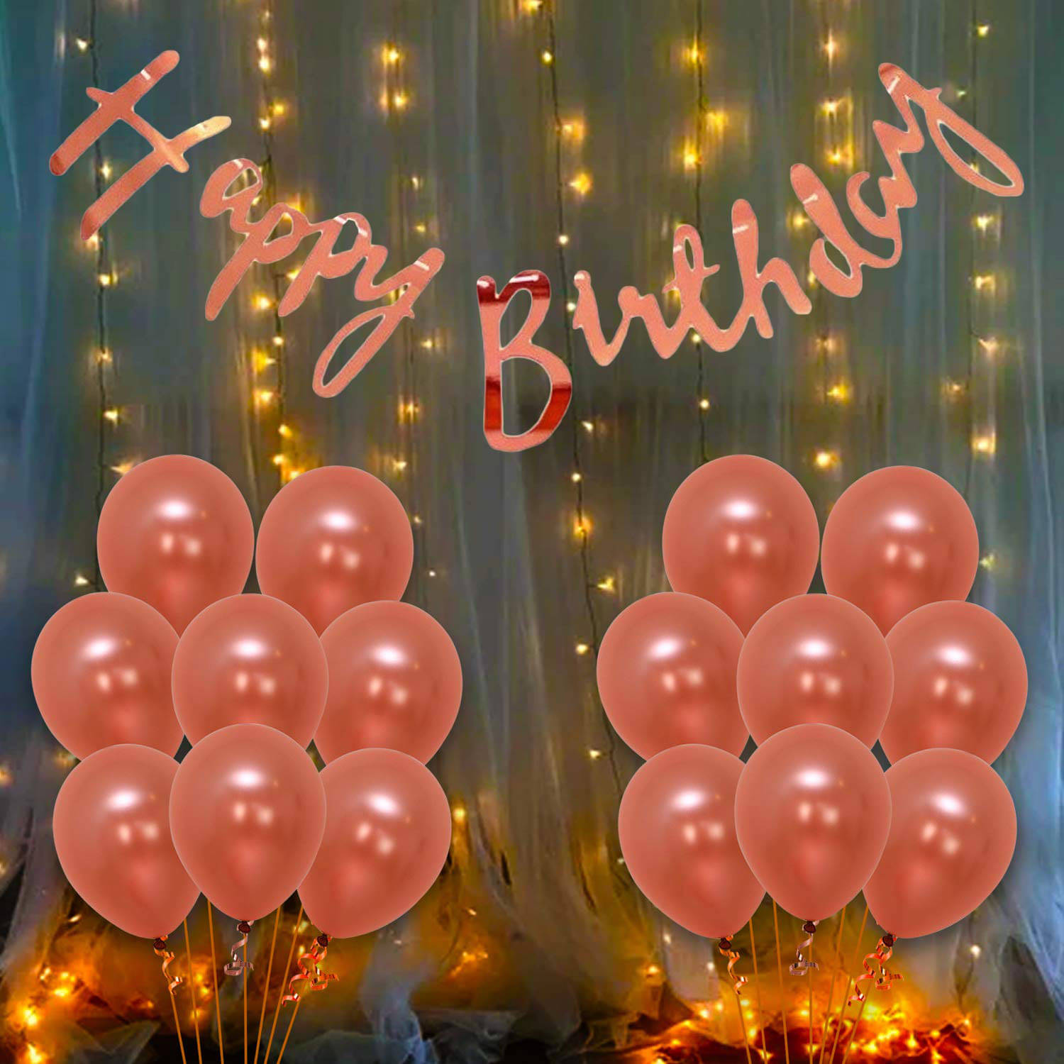     			Happy Birthday Cursive (RoseGold) + 30 Meatllic Balloon (RoseGold)