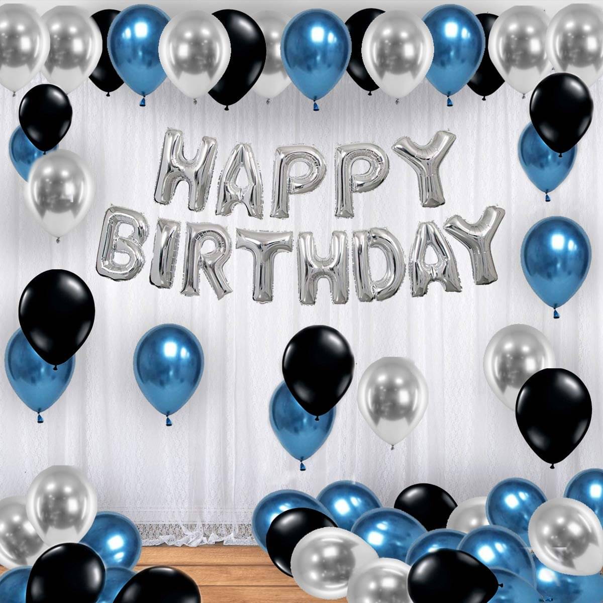     			Happy Birthday Foil (Silver) + 30 Metallic Balloon (Black,Blue,Silver)