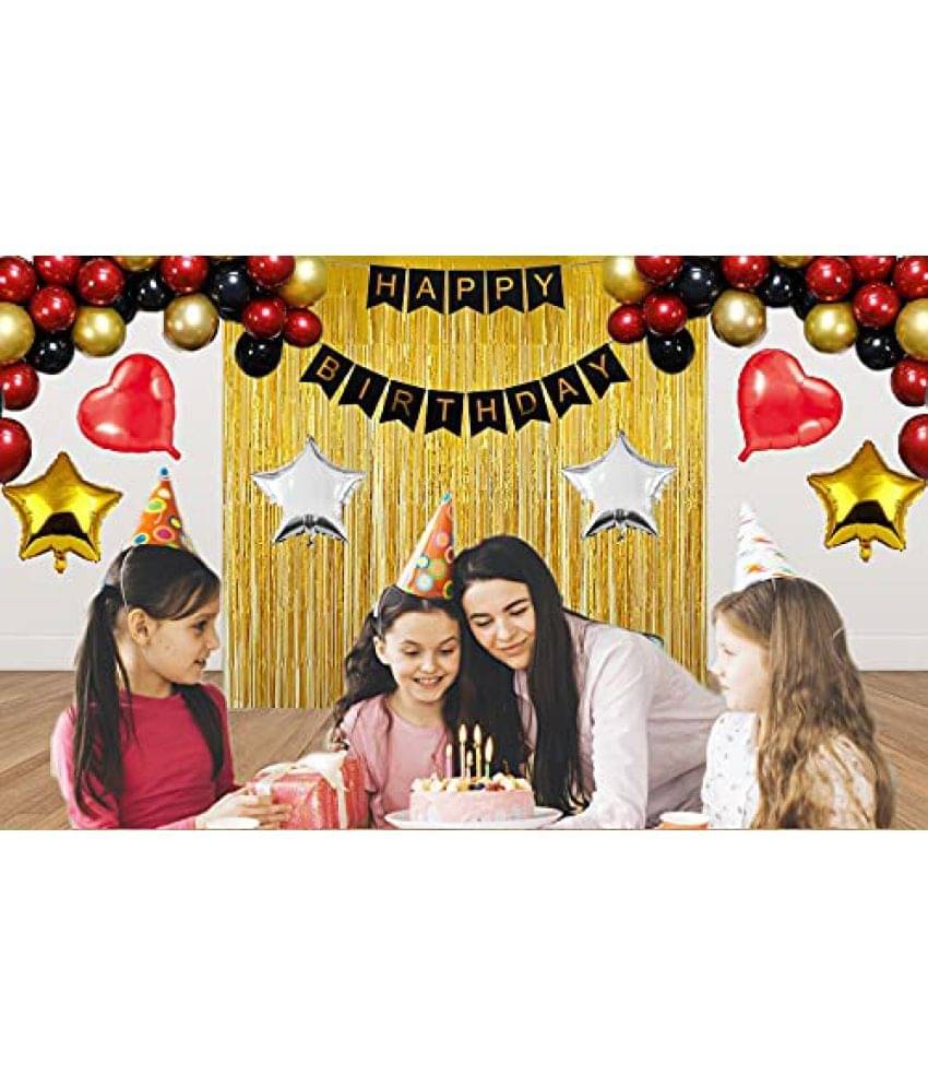     			HappyBirthdayBanner (Black) + 2 Star (Golden) + 2 Star (Silver) + 2 Dil (Red) + 2 Fringe (Golden) + 30 Metallic Balloon(Red,Gold,Balck)