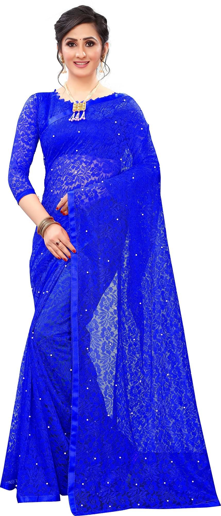    			Indy Bliss Net Saree With Unstitched Blouse Piece ( Blue )