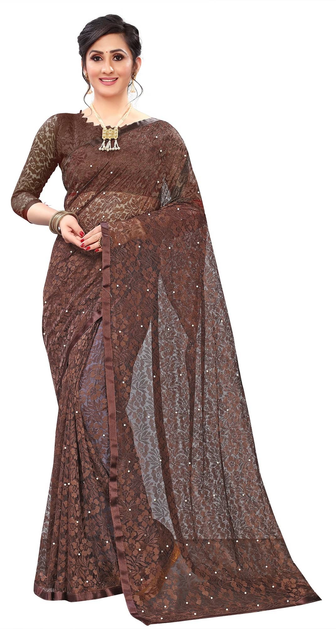 Indy Bliss Net Saree With Unstitched Blouse Piece ( Brown ) - Sarees | Buy online on ZillyBuy