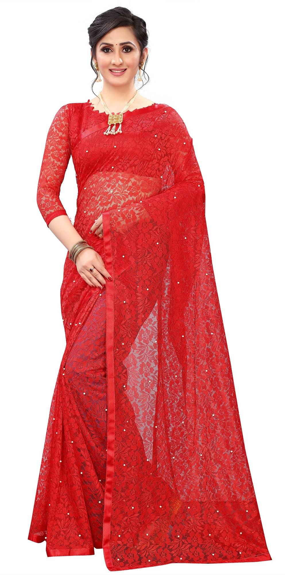 Indy Bliss Net Saree With Unstitched Blouse Piece ( Red ) Indy Bliss Net Saree With Unstitched Blouse Piece ( Red )