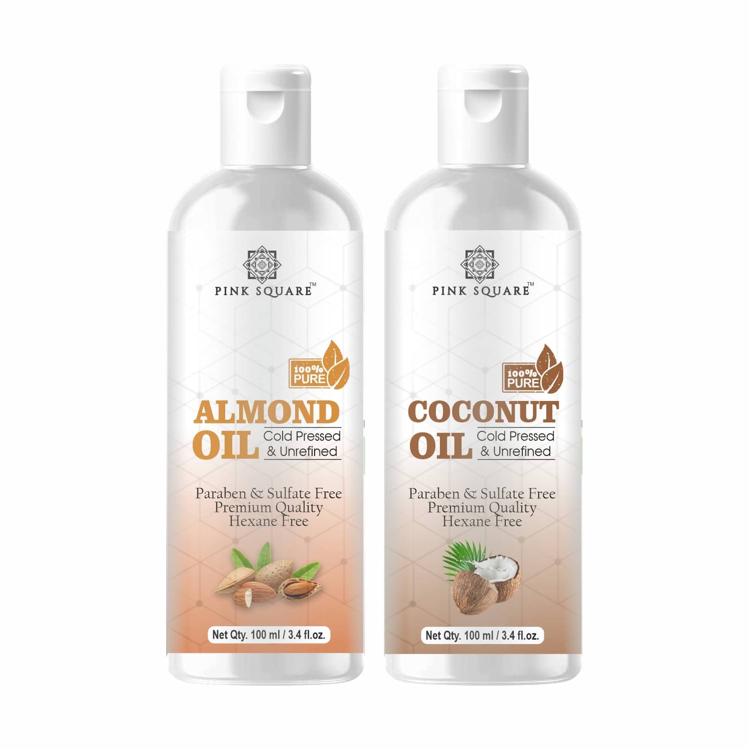 pink square 100% Cold Pressed Almond Oil and Coconut Oil 200 mL Pack of 2 pink square 100% Cold Pressed Almond Oil and Coconut Oil 200 mL Pack of 2