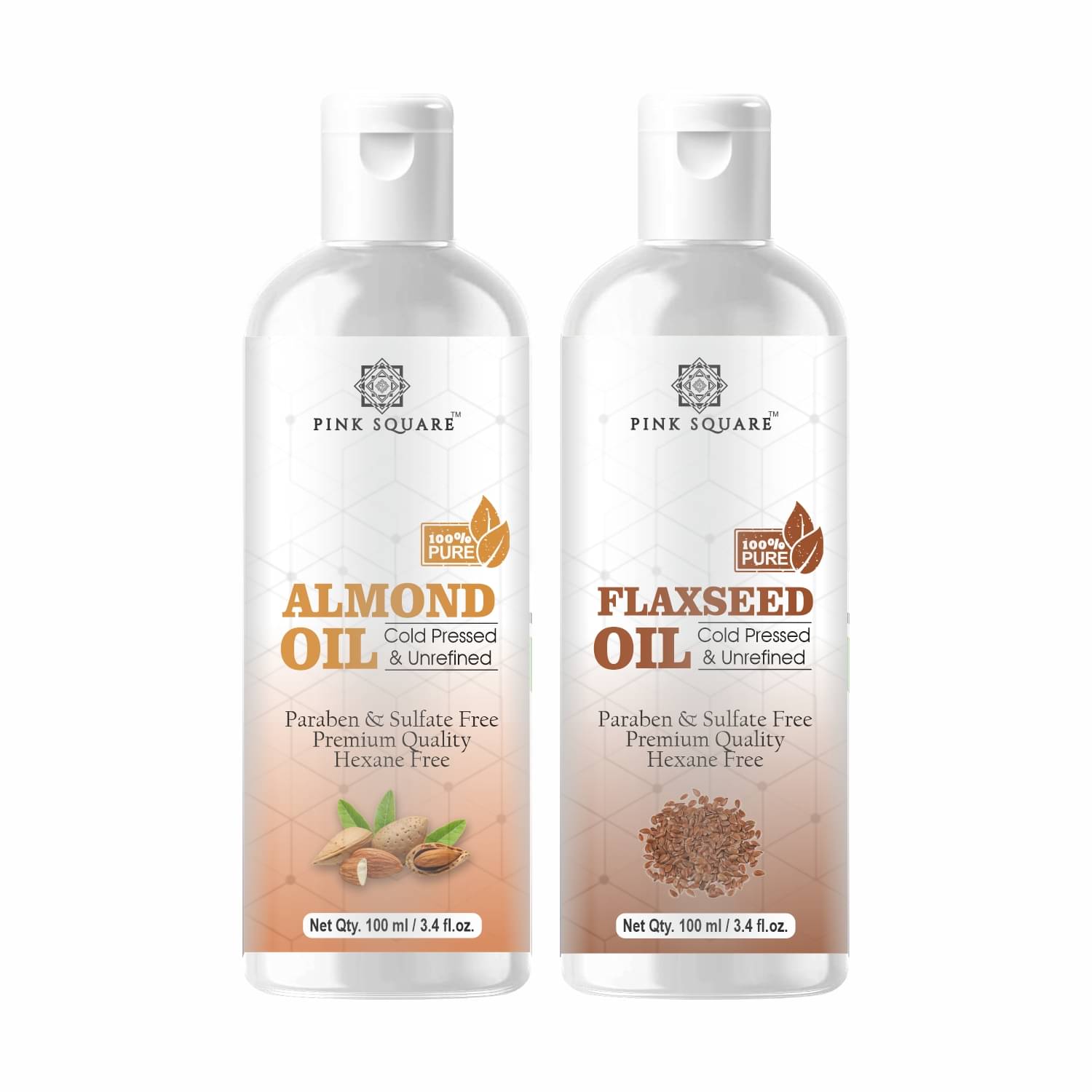 pink square 100% Cold Pressed Almond Oil and Flaxseed Oil 200 mL Pack of 2 pink square 100% Cold Pressed Almond Oil and Flaxseed Oil 200 mL Pack of 2