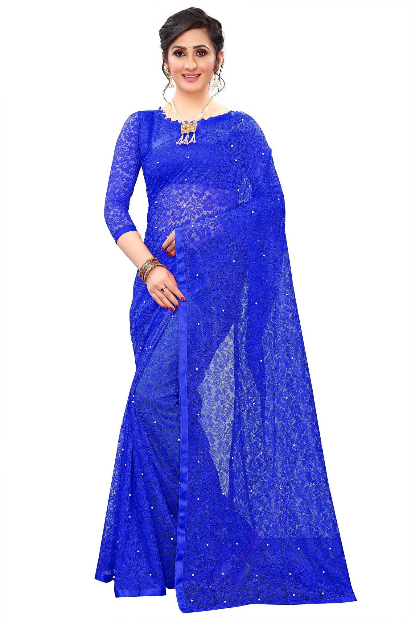     			Indy Bliss Net Saree With Unstitched Blouse Piece ( Blue )