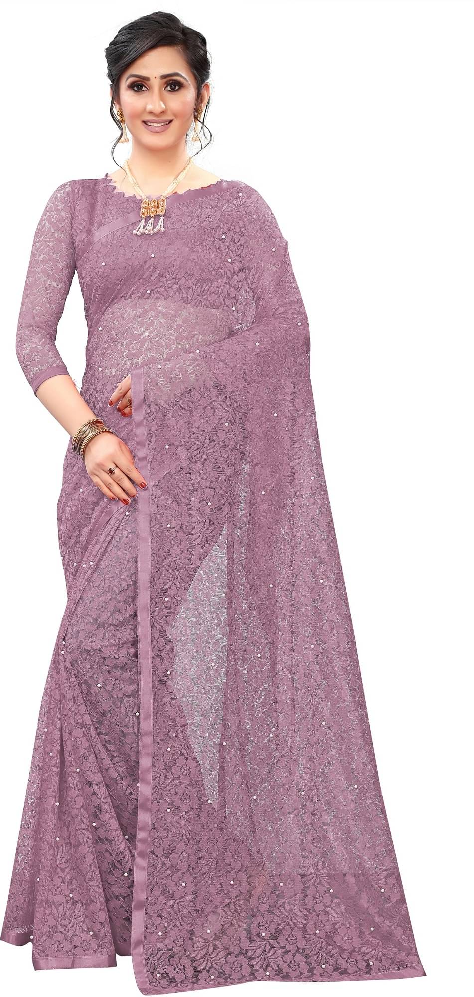 Indy Bliss Net Saree With Unstitched Blouse Piece ( Rose Gold ) Indy Bliss Net Saree With Unstitched Blouse Piece ( Rose Gold )