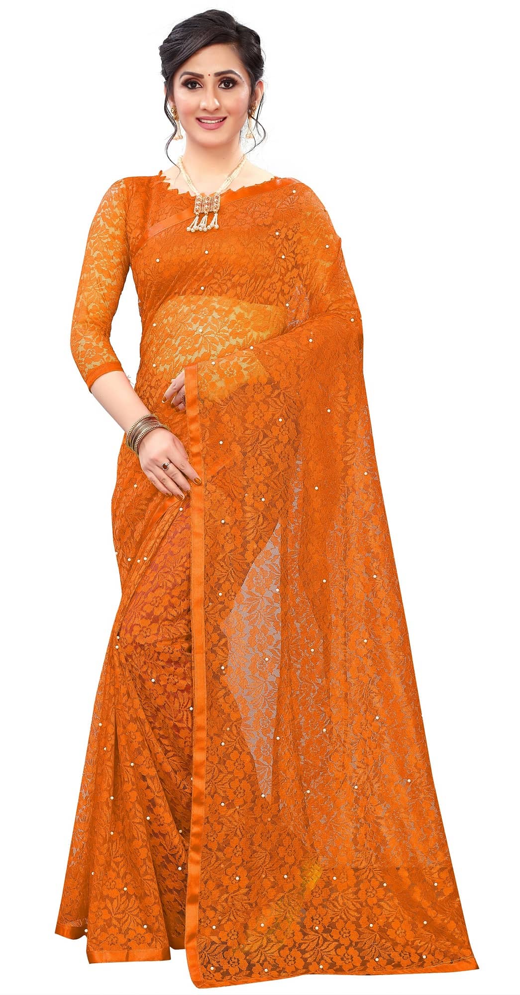 Indy Bliss Net Saree With Unstitched Blouse Piece ( Orange )