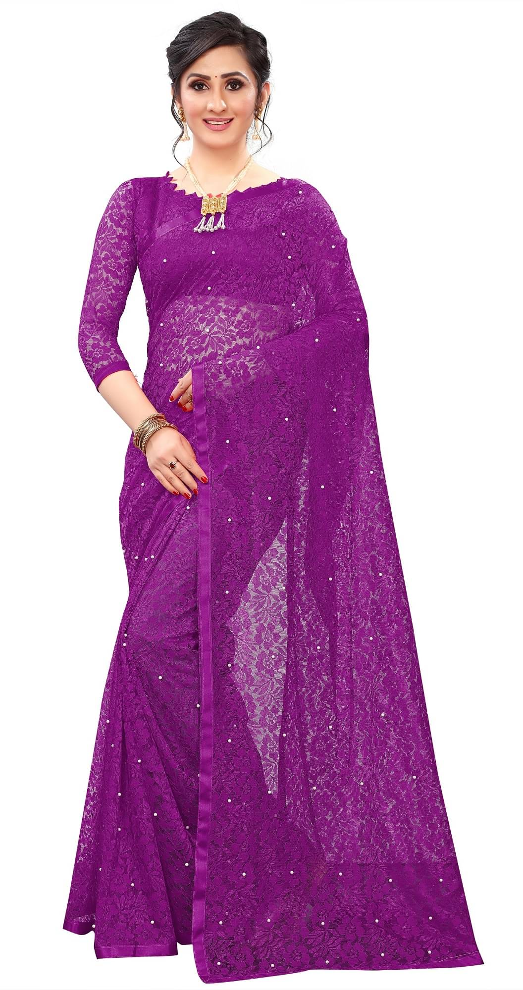     			Indy Bliss Net Saree With Unstitched Blouse Piece ( Purple )