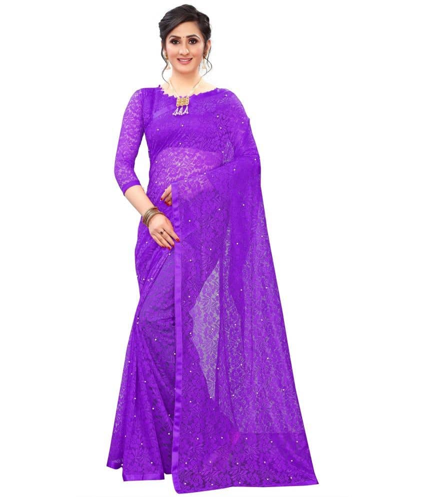 Indy Bliss Net Saree With Unstitched Blouse Piece ( Purple ) - Sarees | Buy online on ZillyBuy