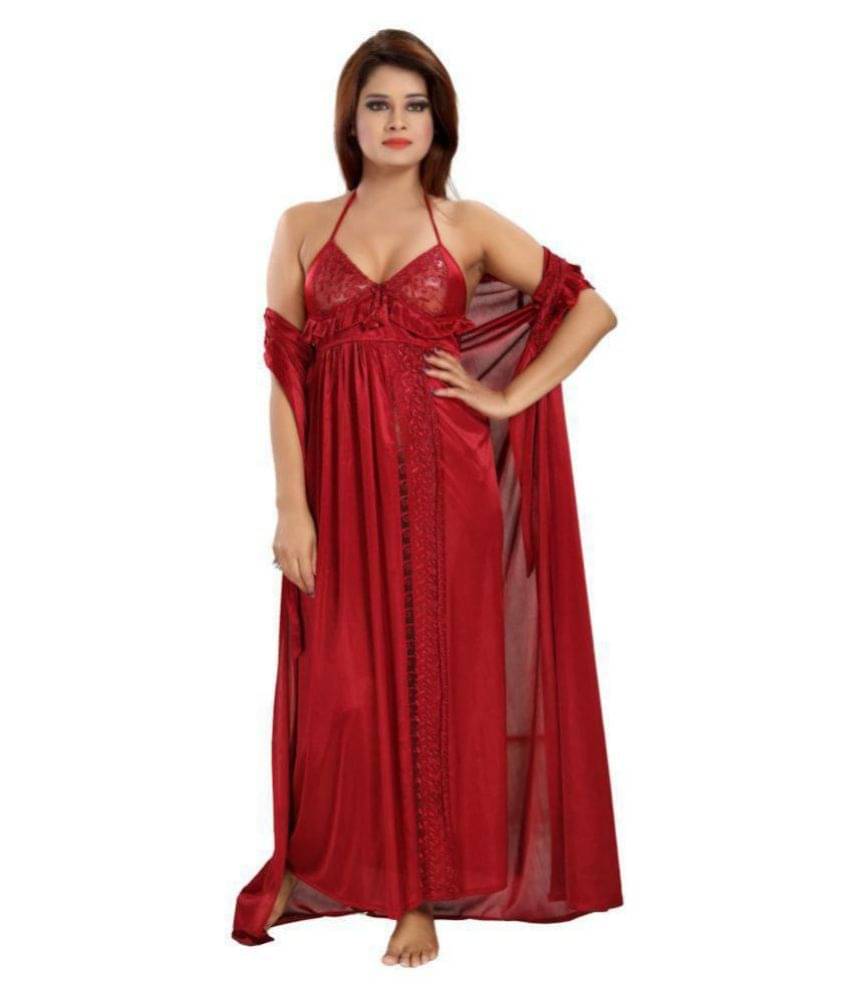 Romaisa Satin Nighty & Night Gowns - Maroon Single Romaisa Satin Nighty & Night Gowns - Maroon Single