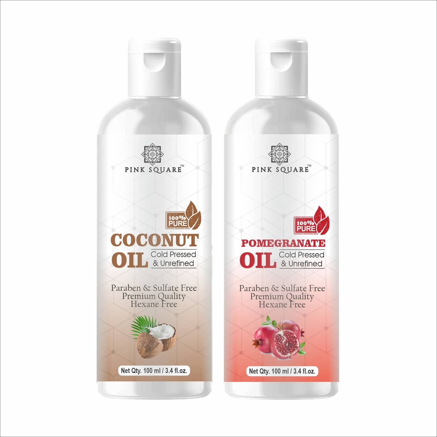 pink square 100% Cold Pressed Coconut Oil and Pomegranate Oil 200 mL Pack of 2 pink square 100% Cold Pressed Coconut Oil and Pomegranate Oil 200 mL Pack of 2