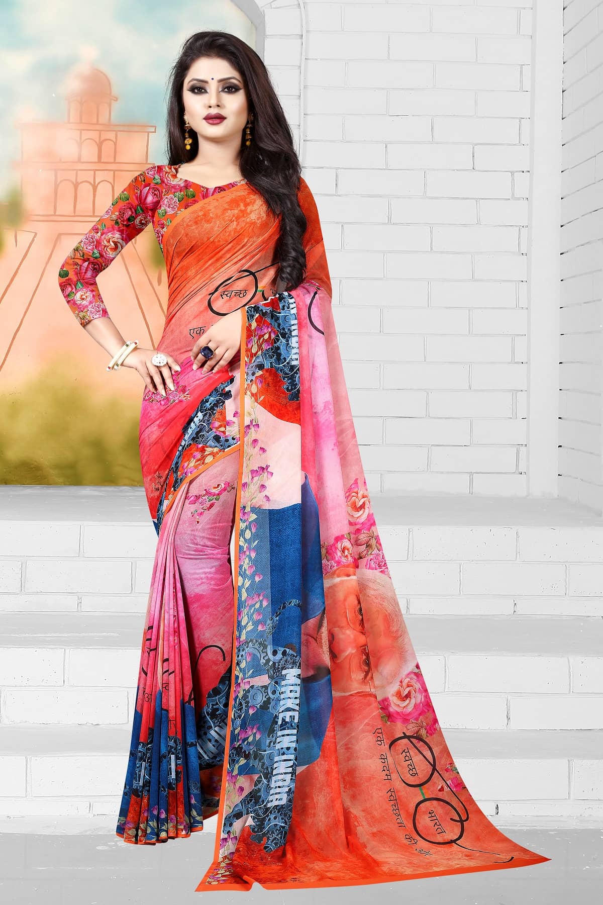 Gazal Fashions Georgette Printed Saree With Unstitched Blouse Piece ( Orange ) - Sarees | Buy online on ZillyBuy