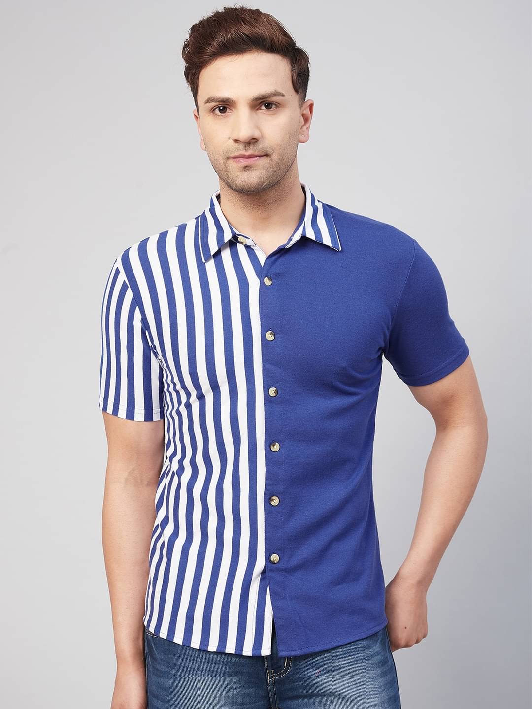 Gritstones Cotton Blend Regular Fit Striped Half Sleeves Men's Casual Shirt - Blue ( Pack of 1 ) Gritstones Cotton Blend Regular Fit Striped Half Sleeves Men's Casual Shirt - Blue ( Pack of 1 )