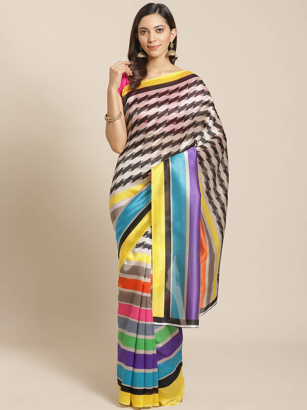     			Grubstaker Art Silk Printed Saree With Unstitched Blouse Piece ( Multicolour )