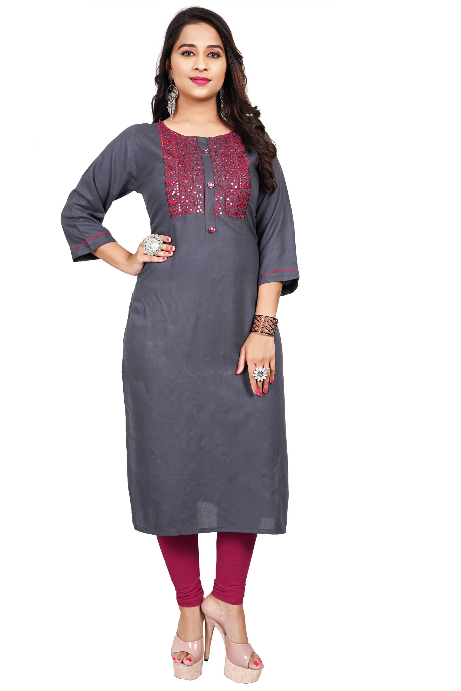     			Tazurba Rayon Embroidered 3/4th Sleeves Straight Grey Kurti Single
