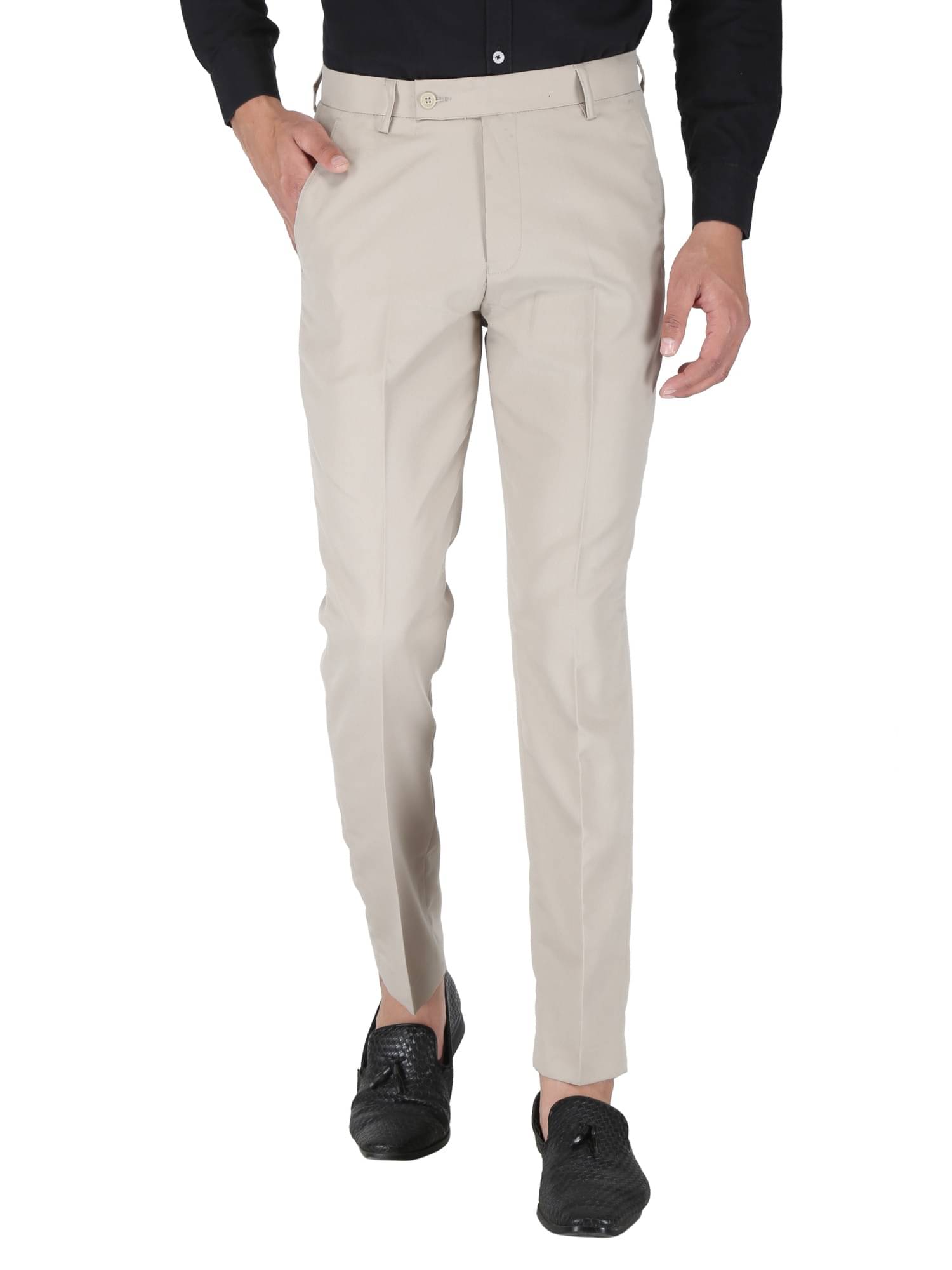     			Playerz Poly Blend Slim -Fit Solid Beige Men's Trousers Single Pack