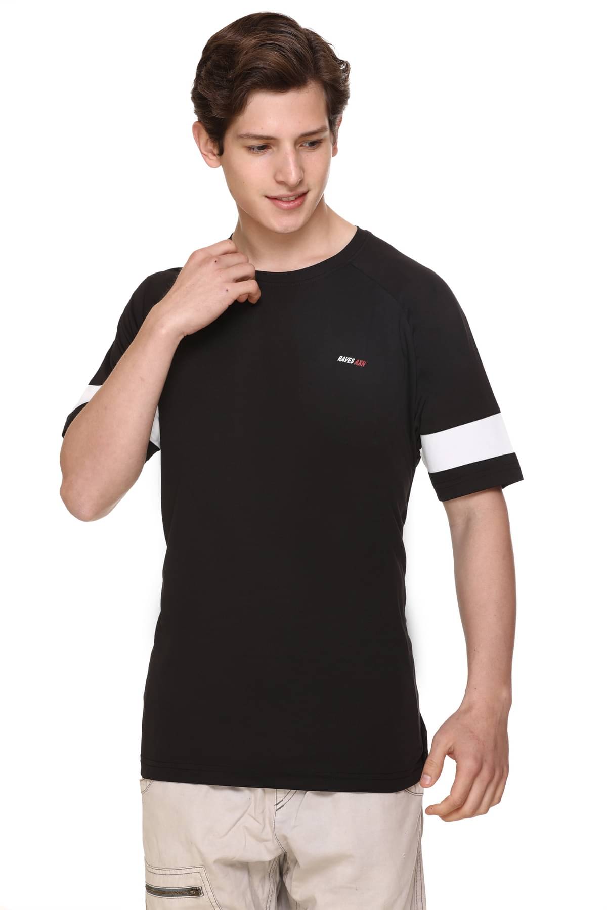 RF RAVES Polyester Regular Fit Cut Outs Round Half Sleeves Black Men T-Shirt Single Pack RF RAVES Polyester Regular Fit Cut Outs Round Half Sleeves Black Men T-Shirt Single Pack
