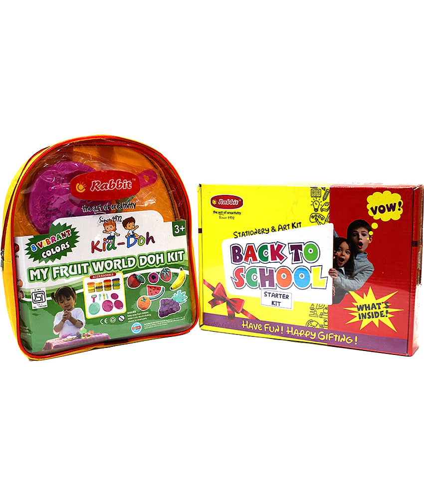 Rabbit Back To School Starter Kit+My Fruit World Doh Kit(Bag)| Stationery kit for kids| Play dough| Kid doh| Modelling Dough for Kids| Play clay| Kids Playing Dough with Moulds|Age 3+ - Stationery | Buy online on ZillyBuy