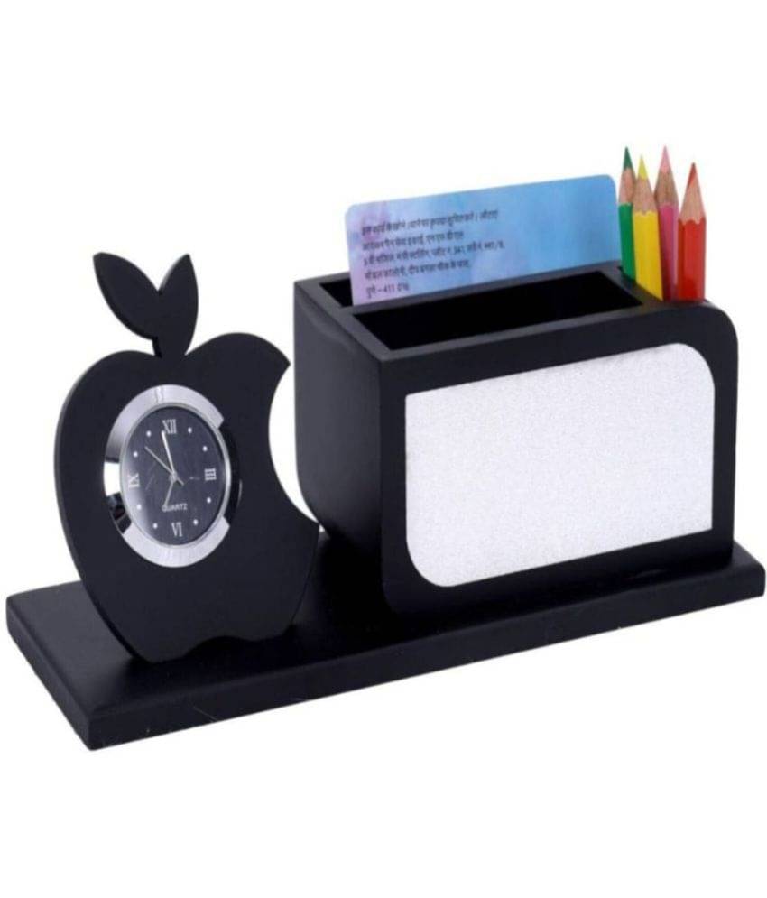     			RAVARIYA GRAPHICS Wooden Pen Stand with Clock, Mobile, Card Holder (Black & Silver)