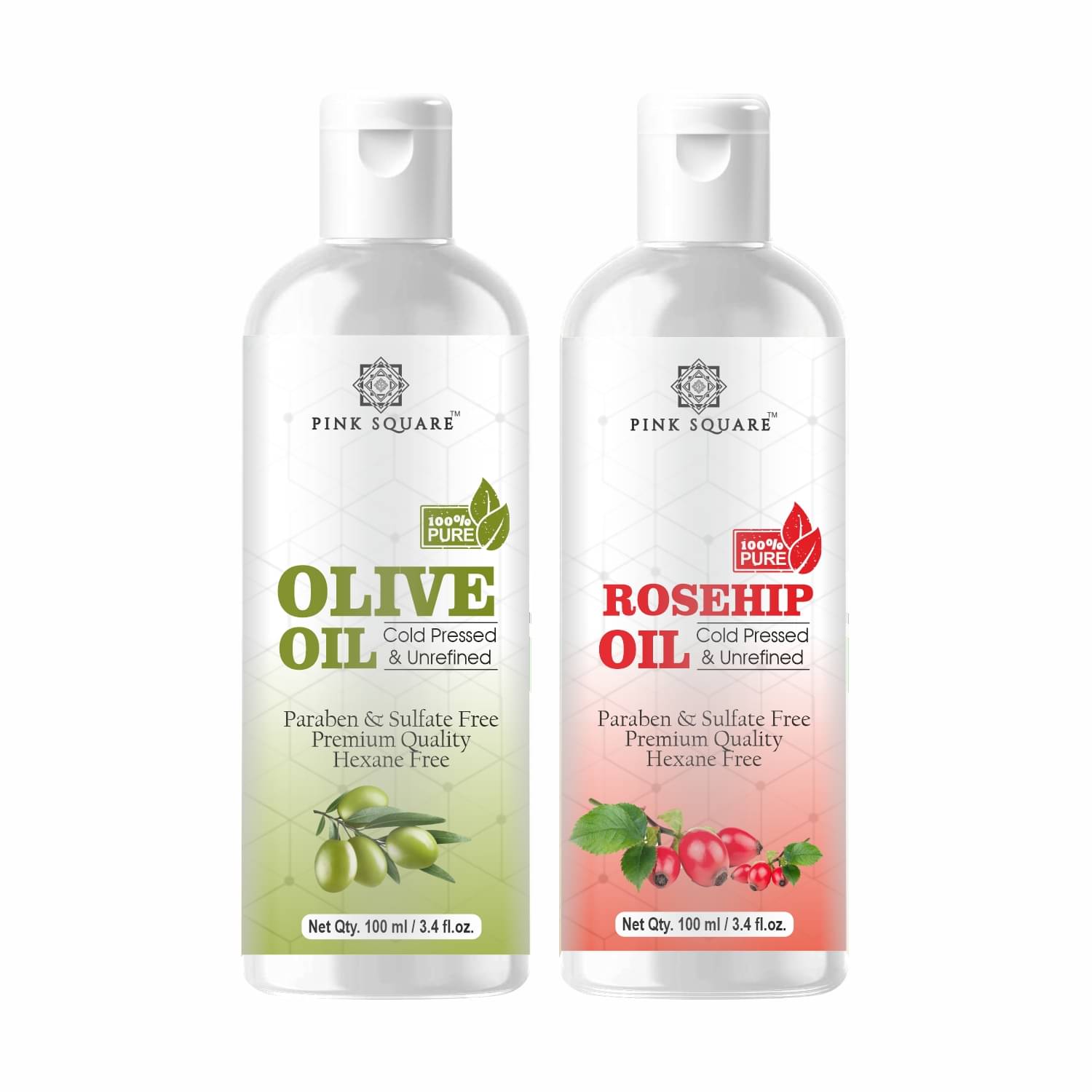pink square 100% Cold Pressed Olive Oil and Rosehip Oil 200 mL Pack of 2     			pink square 100% Cold Pressed Olive Oil and Rosehip Oil 200 mL Pack of 2
