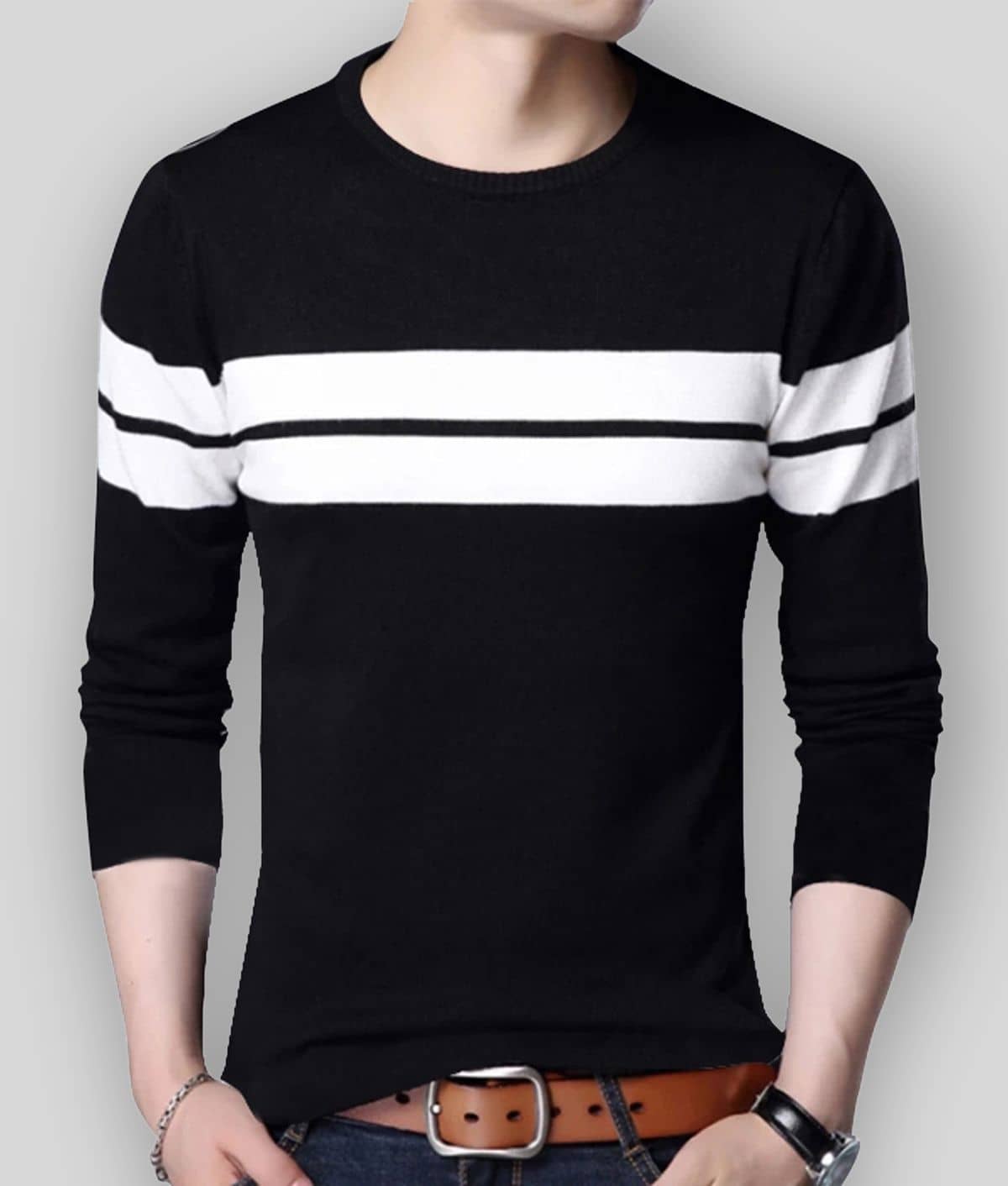 Leotude Men Cotton Blend Regular Fit Striped T-Shirt ( Black )