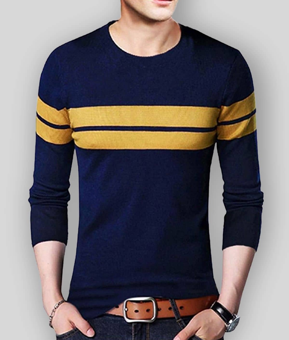 Leotude Men Cotton Blend Regular Fit Striped T-Shirt ( Black )