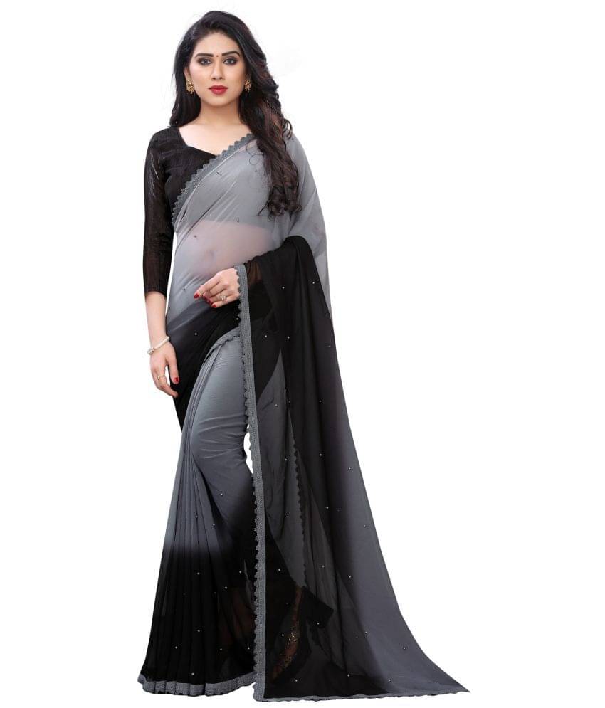 PRIHAL ART Georgette Solid Saree With Unstitched Blouse Piece ( Grey )     			PRIHAL ART Georgette Solid Saree With Unstitched Blouse Piece ( Grey )