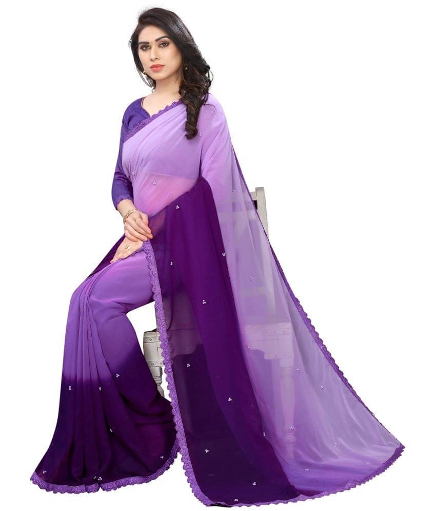 PRIHAL ART Georgette Solid Saree With Unstitched Blouse Piece ( Purple ) PRIHAL ART Georgette Solid Saree With Unstitched Blouse Piece ( Purple )