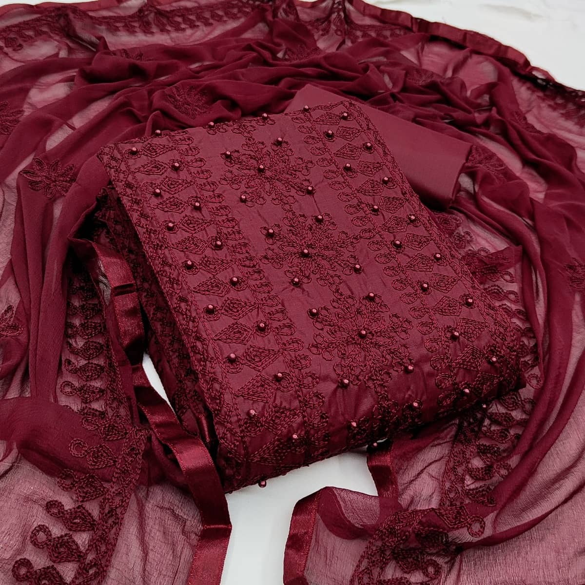 PRIHAL ART Maroon Cotton Unstitched Dress Material - Single - Unstitched Fabrics | Buy online on ZillyBuy