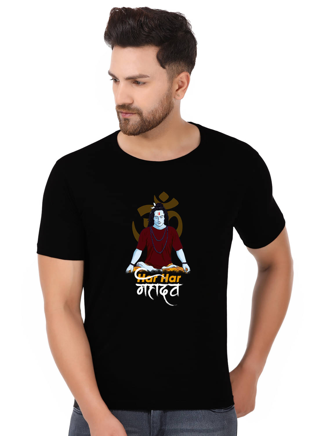 Prabhu Bhakti 100 Percent Cotton Regular Fit Printed Round Half Sleeves Black Men T-Shirt     			Prabhu Bhakti 100 Percent Cotton Regular Fit Printed Round Half Sleeves Black Men T-Shirt