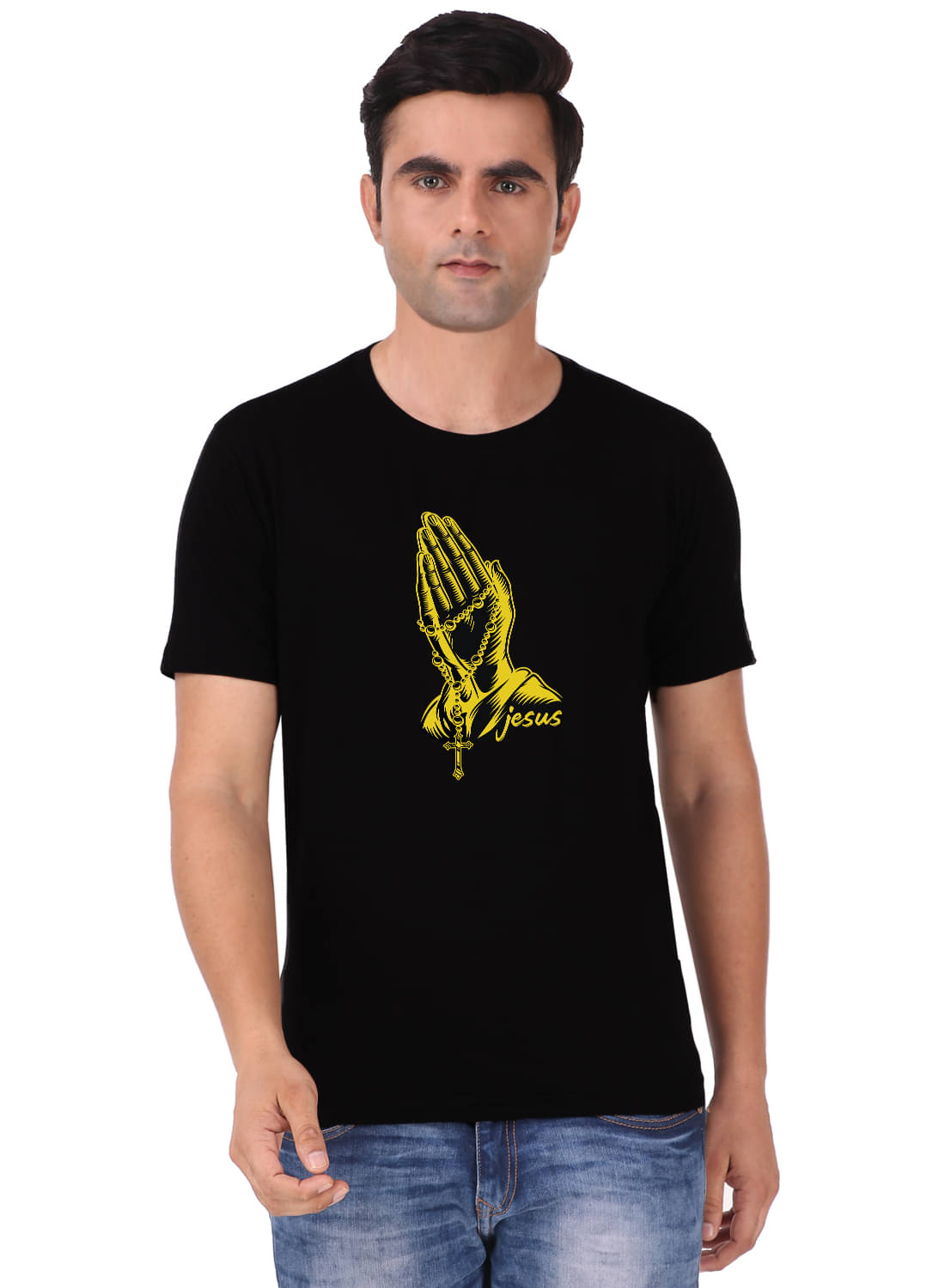 Prabhu Bhakti 100 Percent Cotton Regular Fit Printed Round Half Sleeves Black Men T-Shirt     			Prabhu Bhakti 100 Percent Cotton Regular Fit Printed Round Half Sleeves Black Men T-Shirt