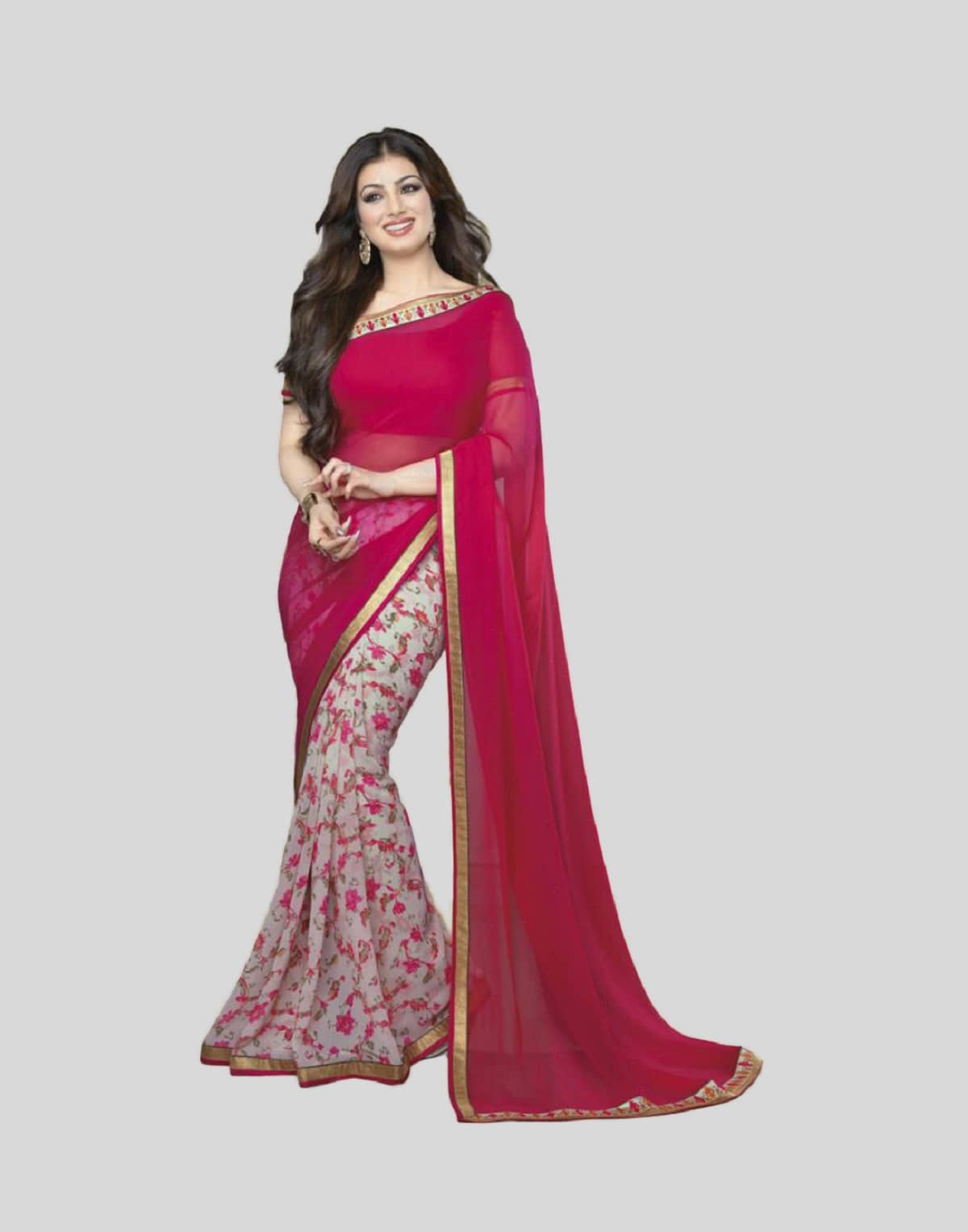 Gazal Fashions Chiffon Printed Saree With Unstitched Blouse Piece ( Pink ) - Sarees | Buy online on ZillyBuy