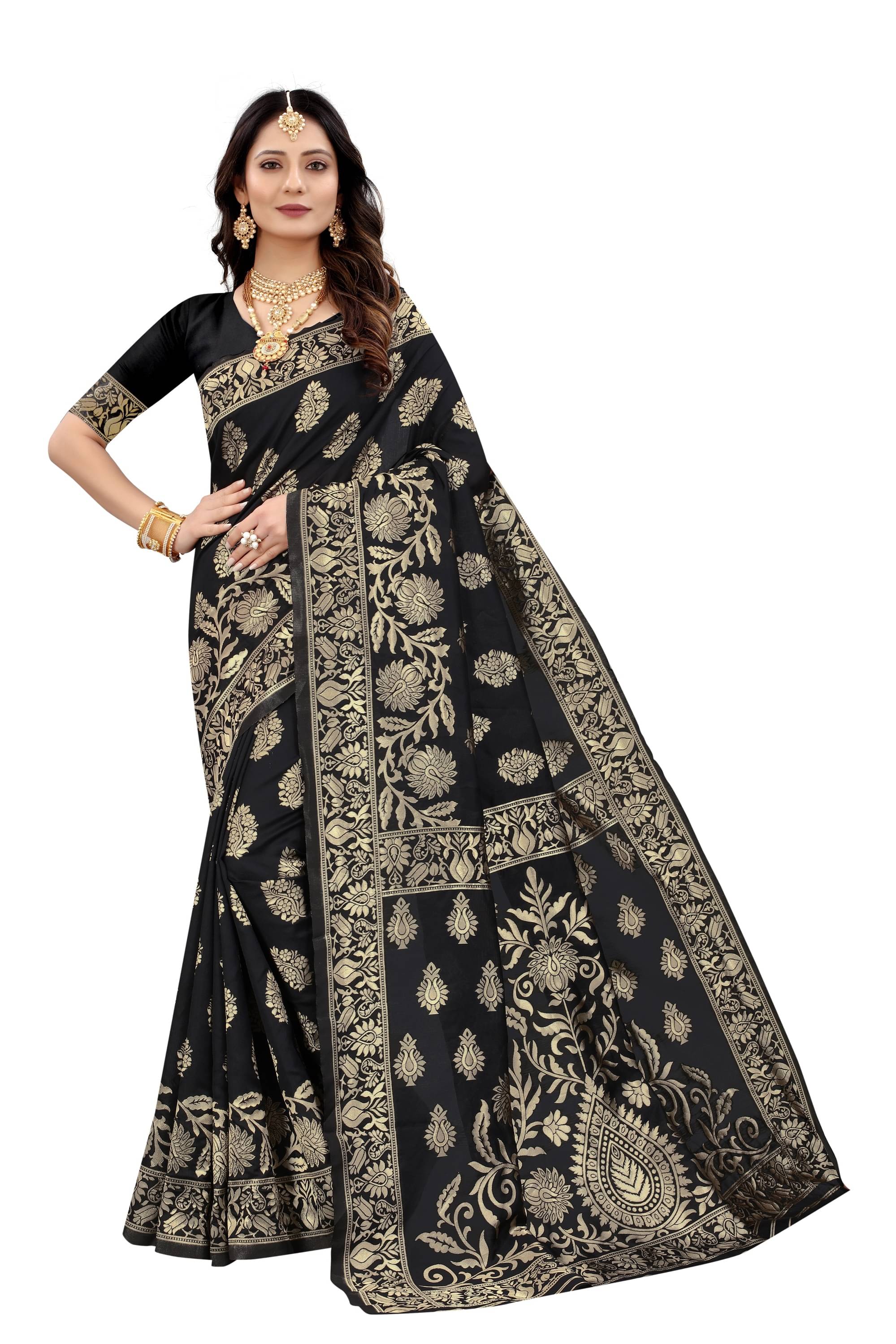NENCY FASHION Banarasi Silk Self Design Saree With Stitched Blouse ( Black )     			NENCY FASHION Banarasi Silk Self Design Saree With Stitched Blouse ( Black )