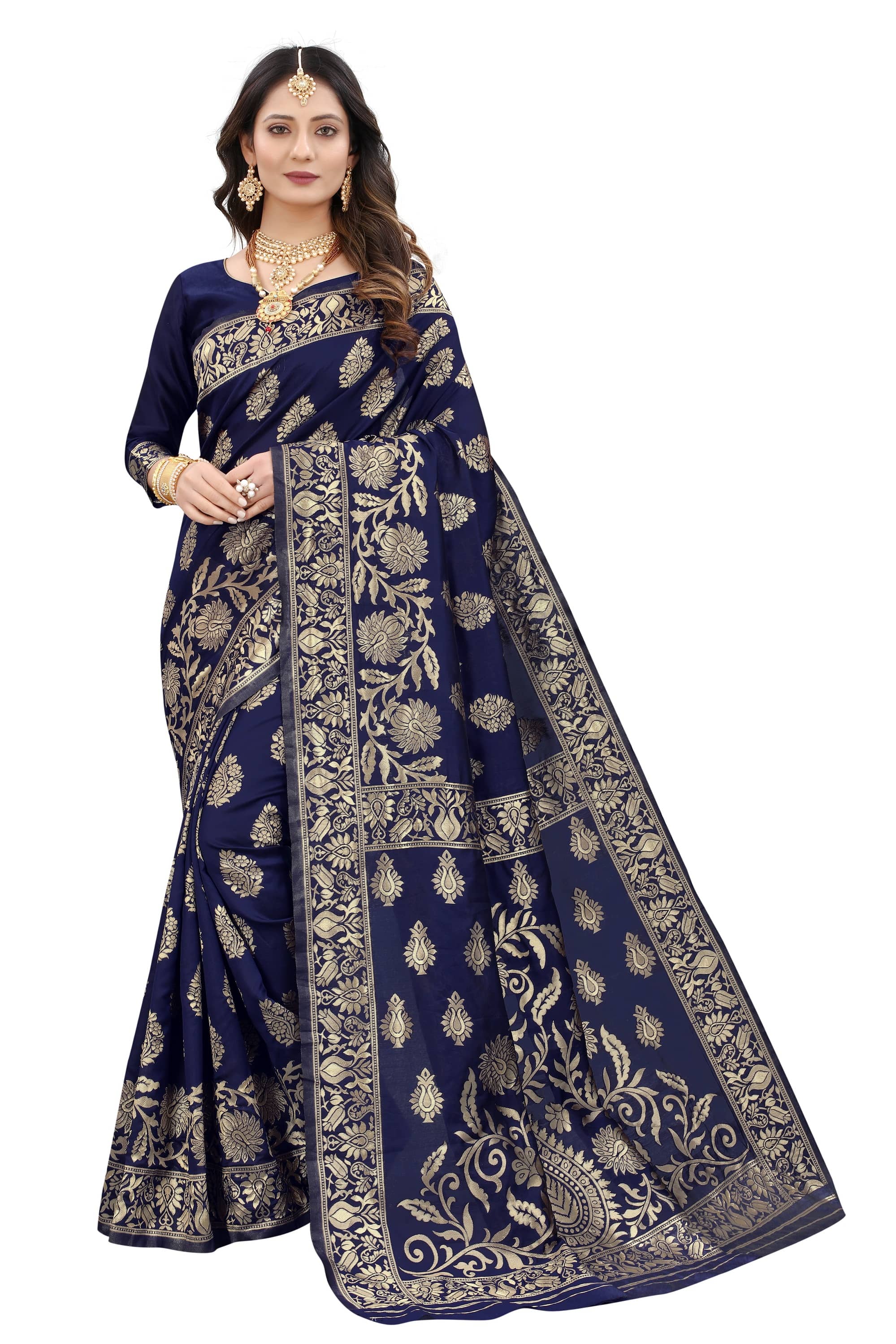NENCY FASHION Banarasi Silk Self Design Saree With Stitched Blouse ( Black ) - Sarees | Buy online on ZillyBuy