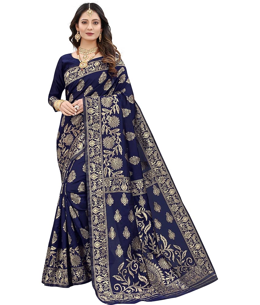 NENCY FASHION Banarasi Silk Self Design Saree With Stitched Blouse ( Black ) - Sarees | Buy online on ZillyBuy