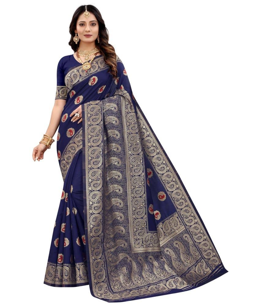NENCY FASHION Banarasi Silk Self Design Saree With Stitched Blouse ( Blue ) - Sarees | Buy online on ZillyBuy