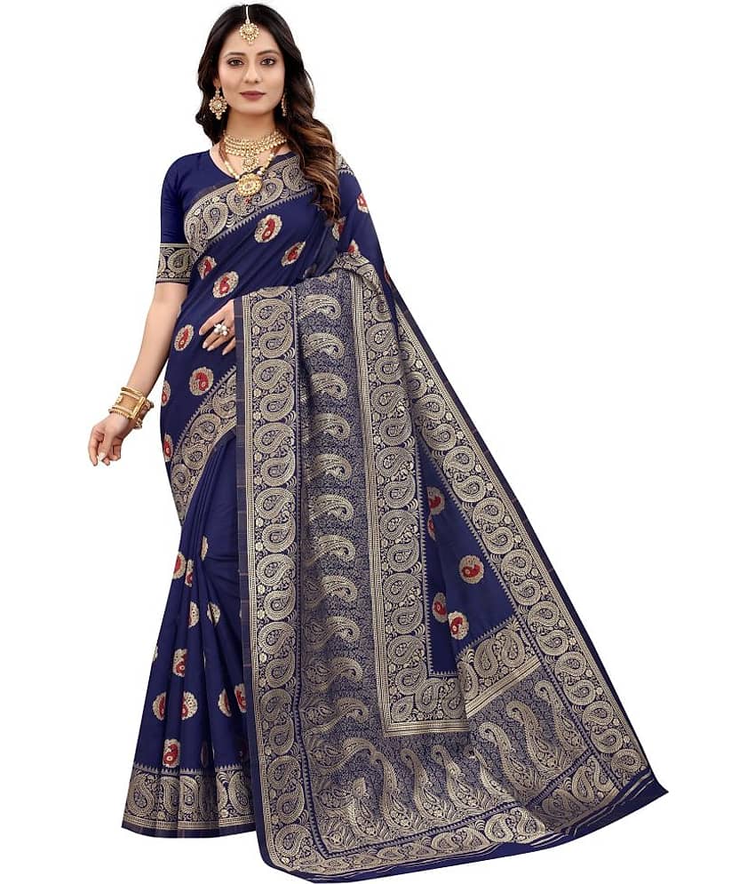 NENCY FASHION Banarasi Silk Self Design Saree With Stitched Blouse ( Blue ) - Sarees | Buy online on ZillyBuy