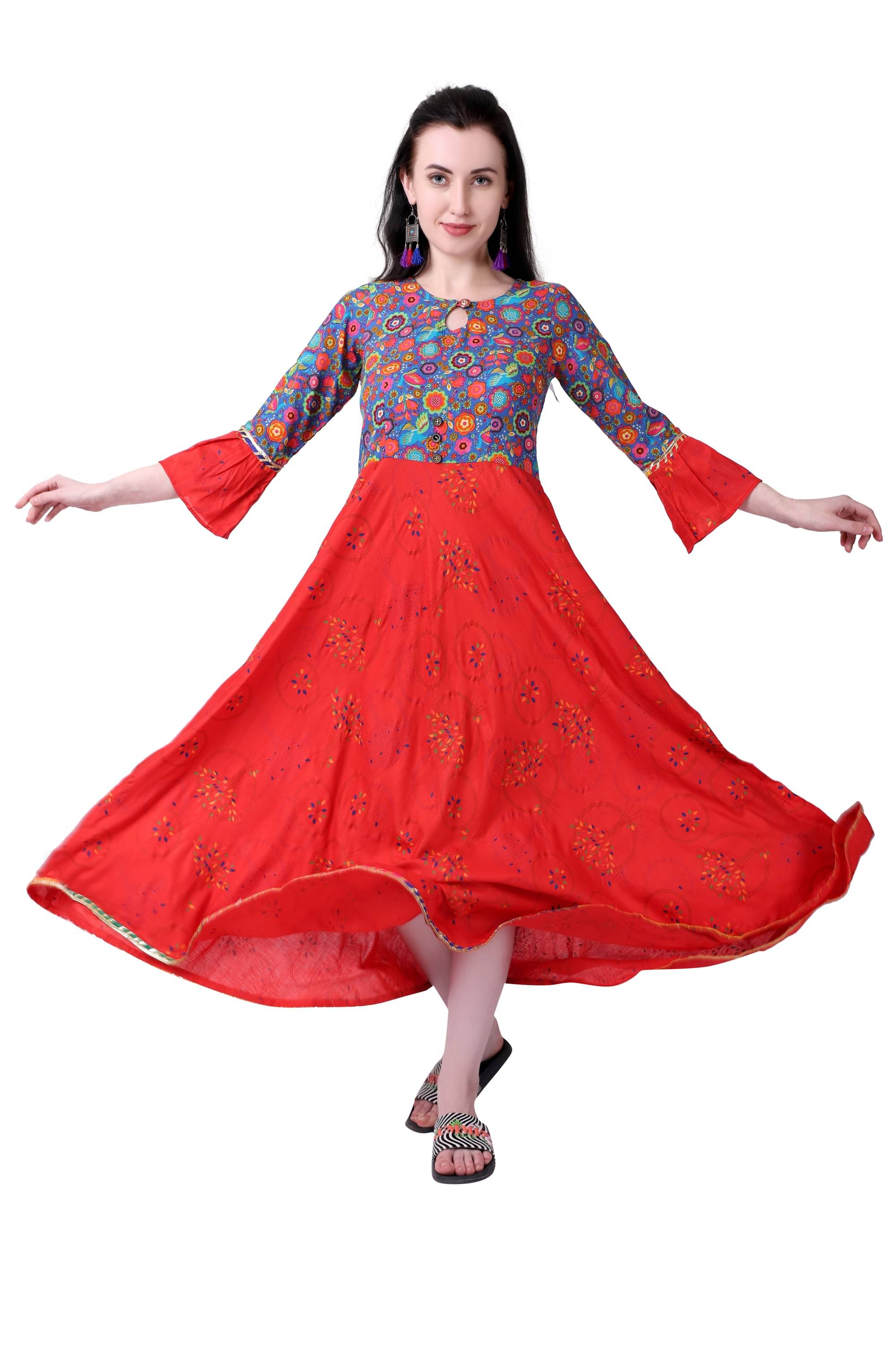 MEESORRA - Red Rayon Women's Flared Kurti MEESORRA - Red Rayon Women's Flared Kurti