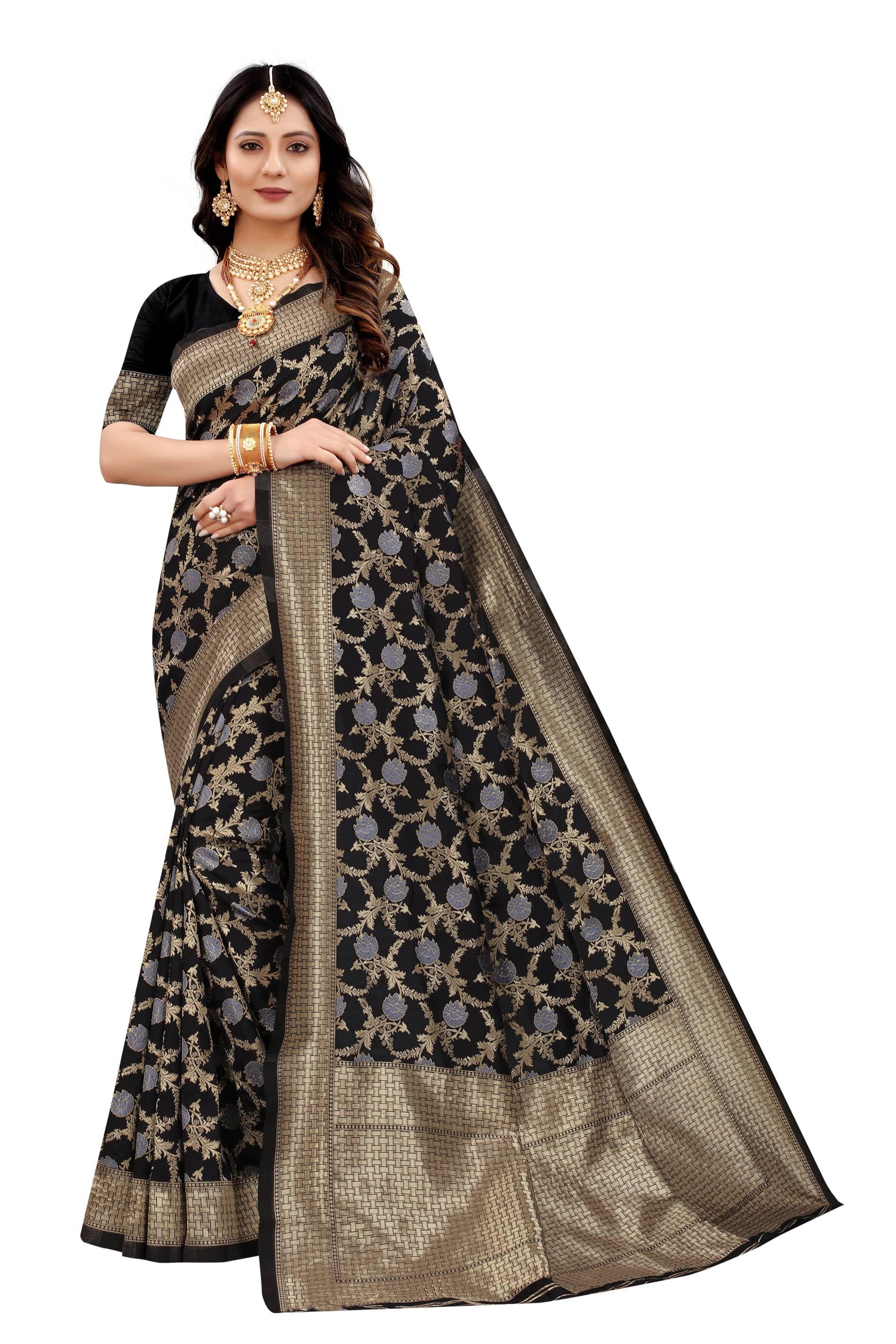 NENCY FASHION Banarasi Silk Self Design Saree With Stitched Blouse ( Black ) - Sarees | Buy online on ZillyBuy