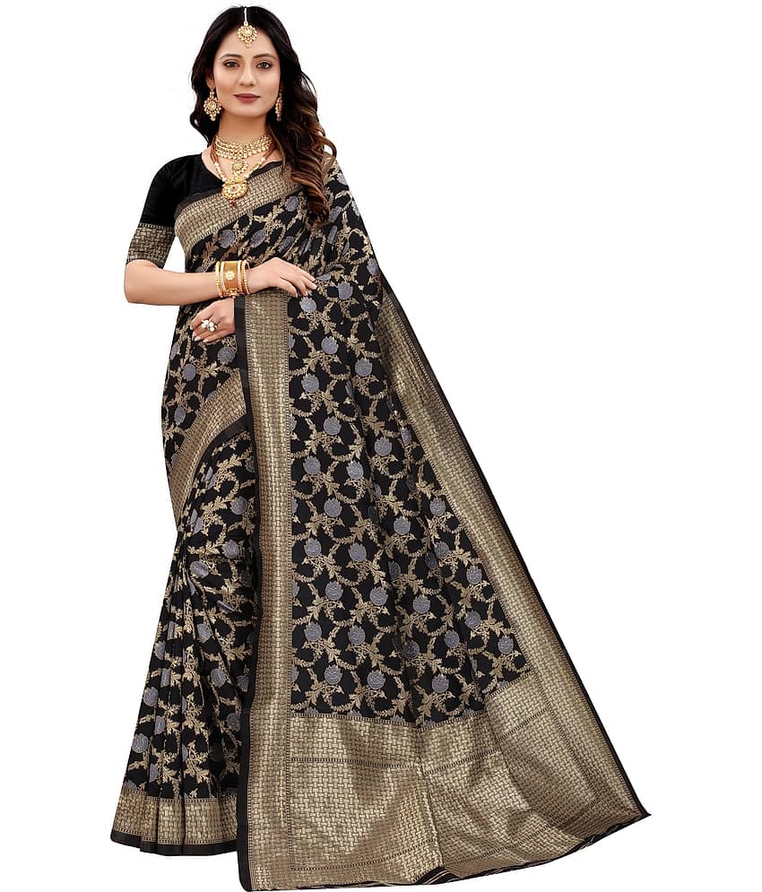 NENCY FASHION Banarasi Silk Self Design Saree With Stitched Blouse ( Black ) - Sarees | Buy online on ZillyBuy