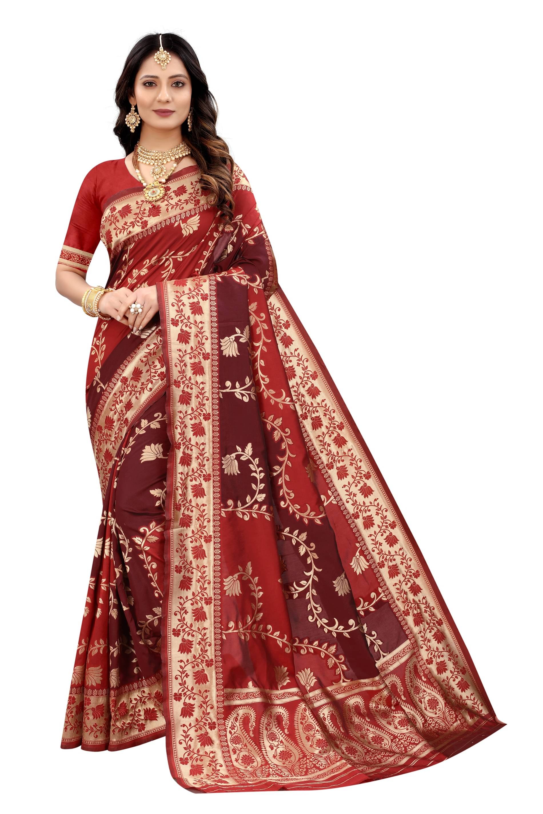NENCY FASHION Banarasi Silk Self Design Saree With Stitched Blouse ( Red ) NENCY FASHION Banarasi Silk Self Design Saree With Stitched Blouse ( Red )